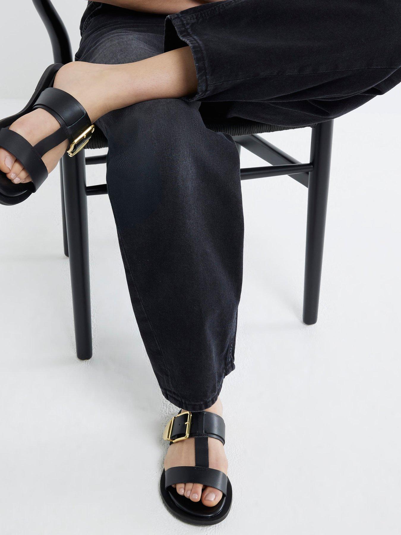 Image 2 of 6 of River Island T Bar Flat Sandals - Black
