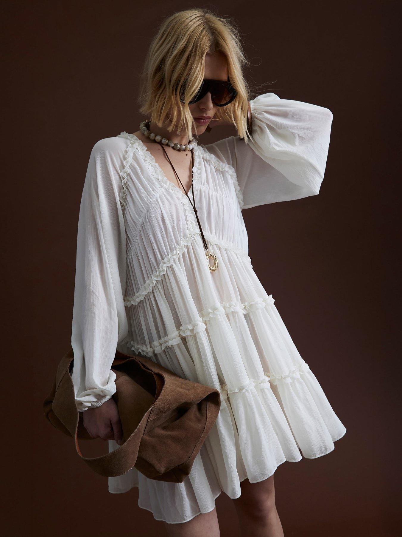 Image 1 of 4 of River Island Ruffle Smock Dress - Cream
