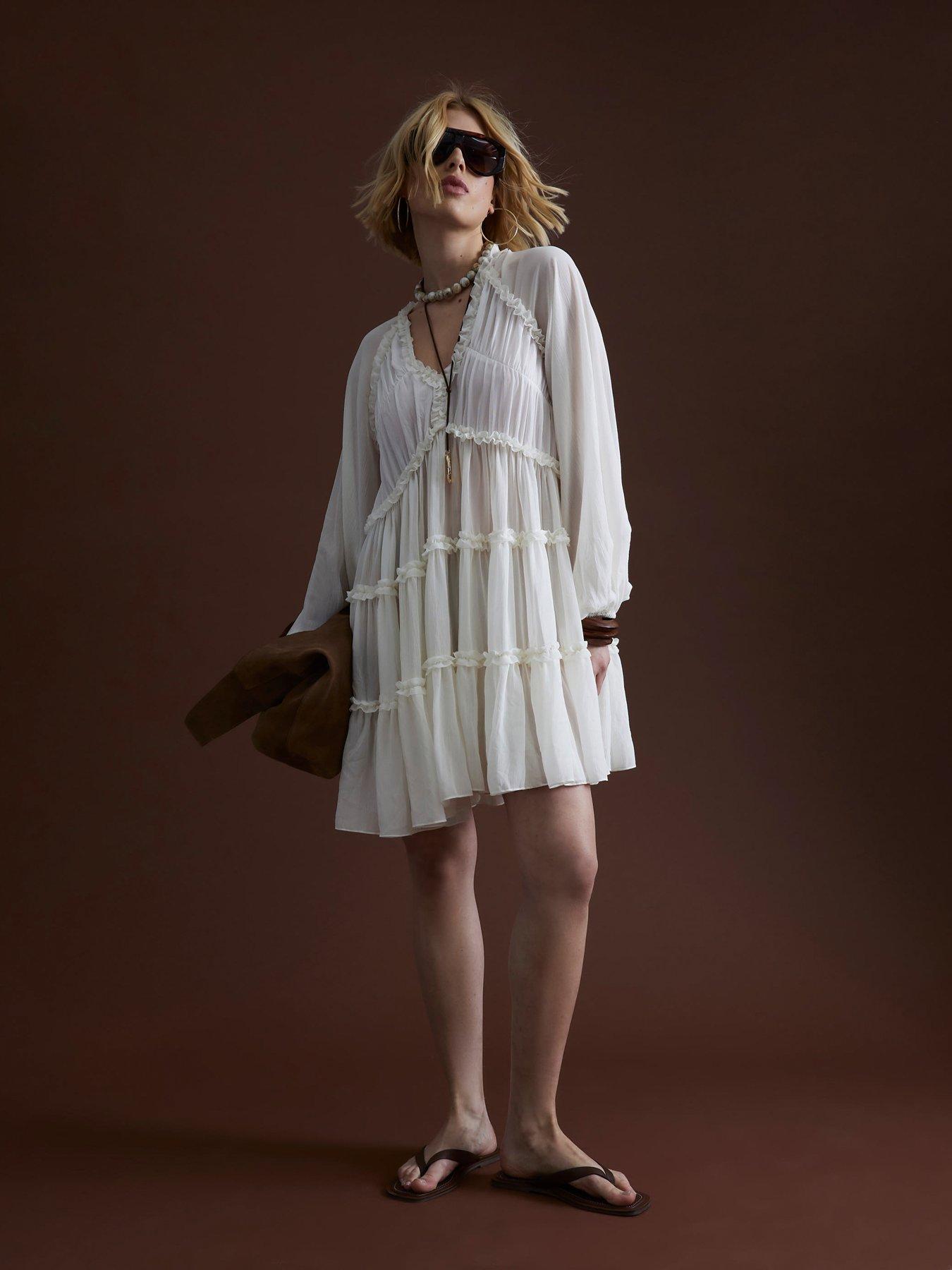 Image 3 of 4 of River Island Ruffle Smock Dress - Cream
