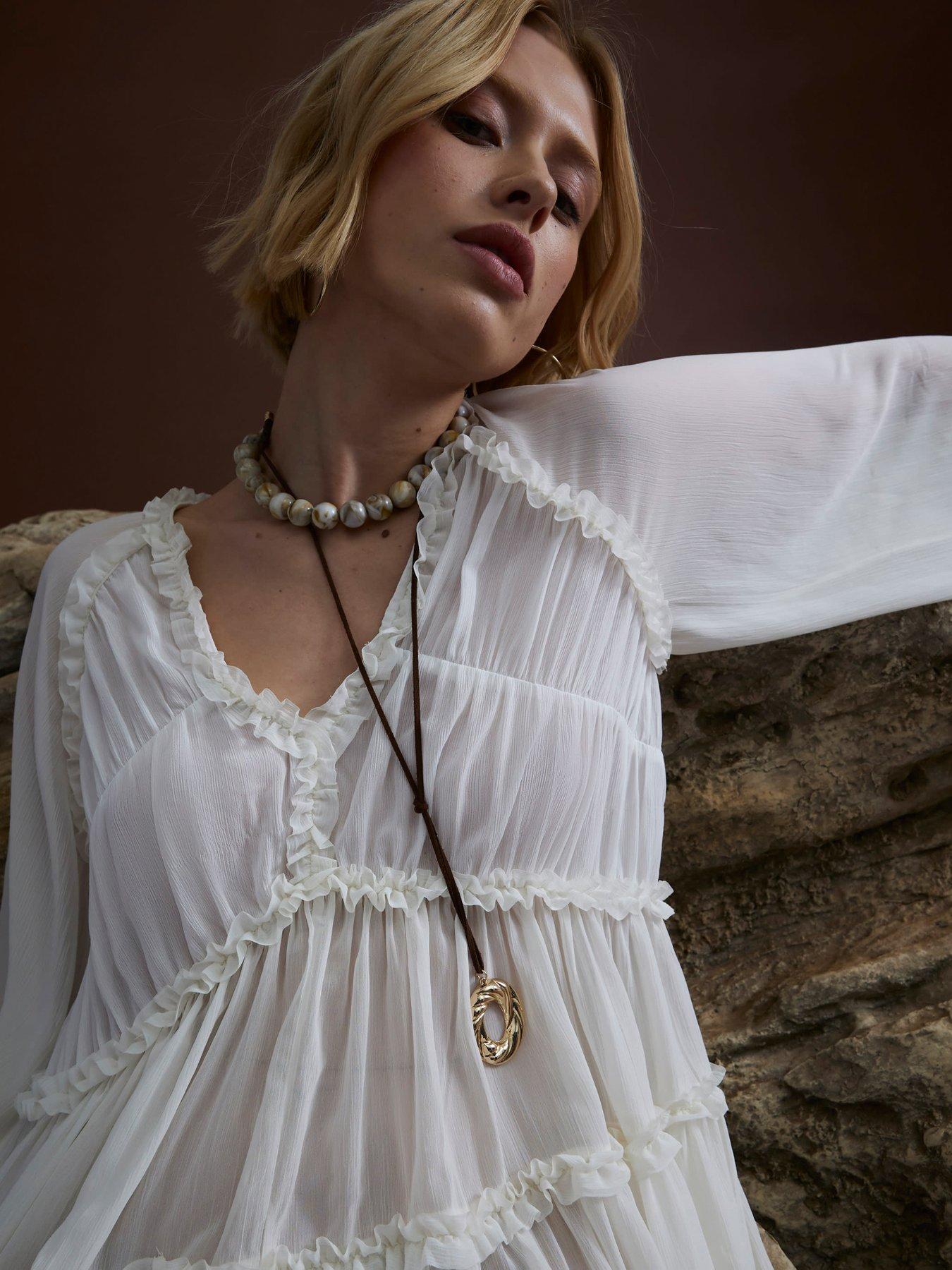 Image 4 of 4 of River Island Ruffle Smock Dress - Cream