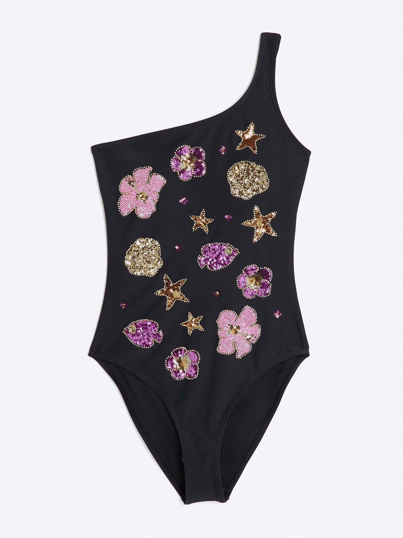 Image 5 of 5 of River Island Sequin One Shoulder Swimsuit - Black