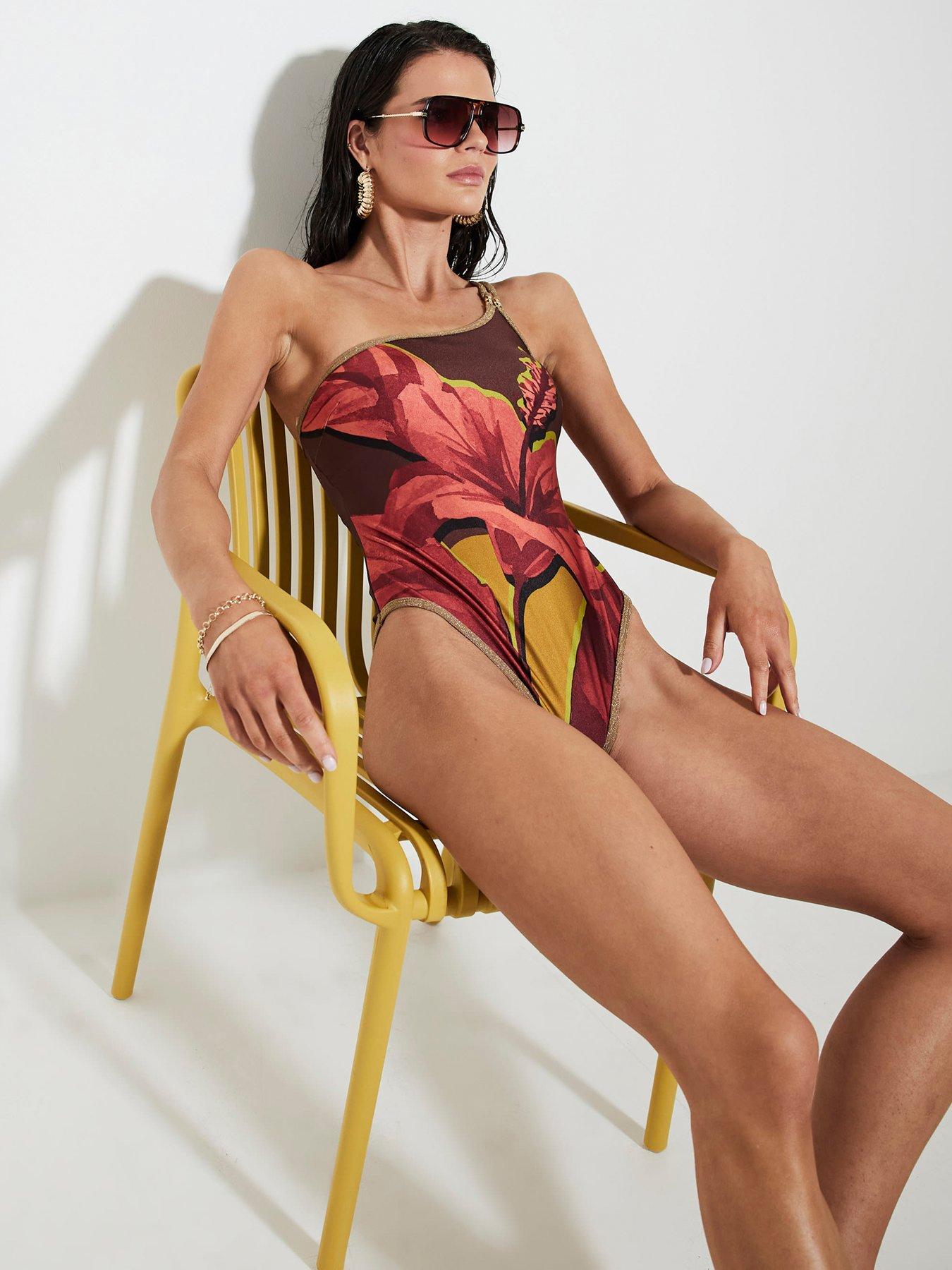 Image of River Island One Shoulder Flower Swimsuit - Brown