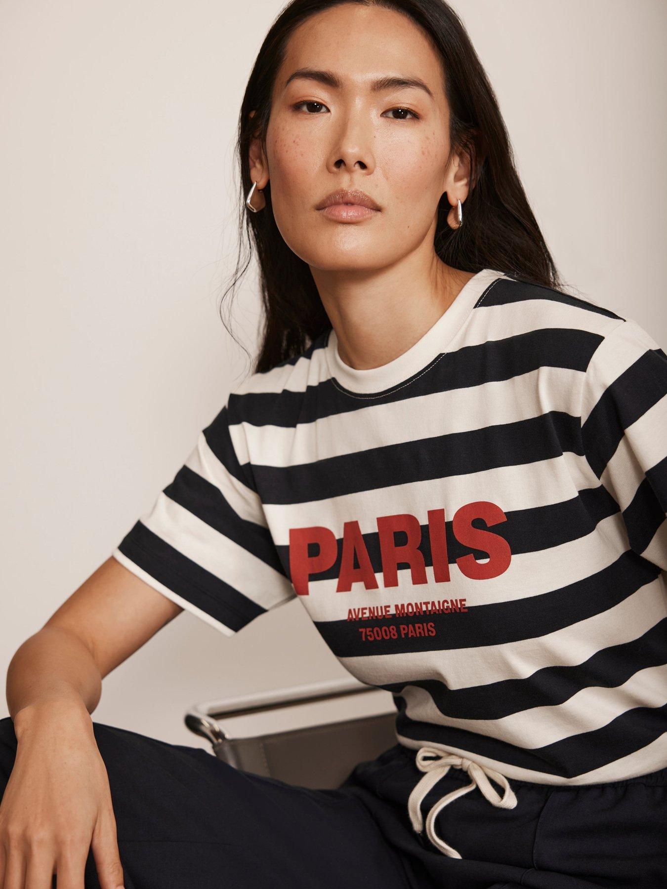 Image 1 of 6 of Mint Velvet Stripe Paris T-Shirt - Navy