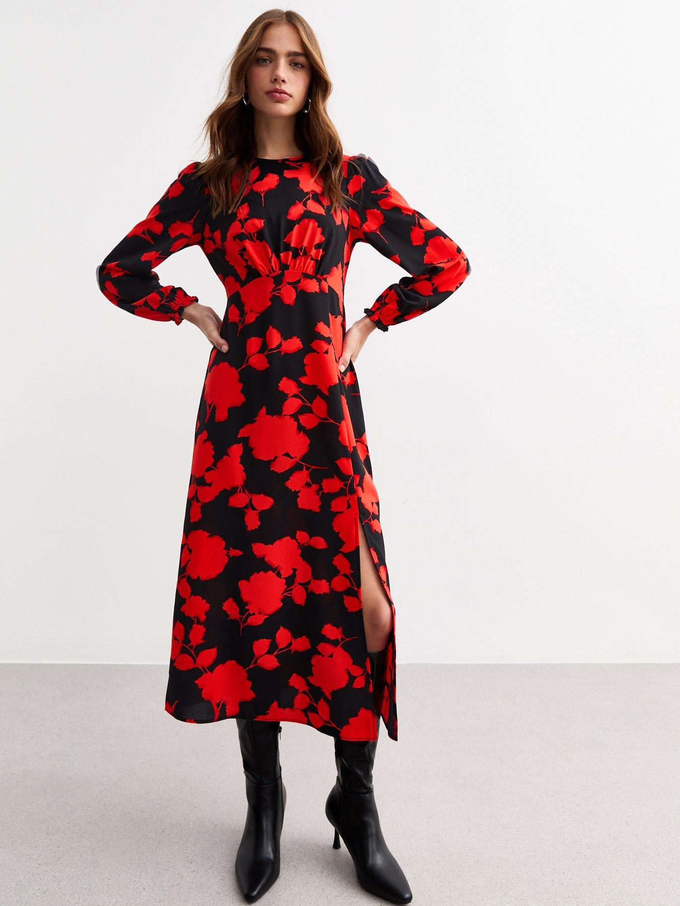 Image of New Look Ex Long Sleeve Red Floral Carol Midi - Black
