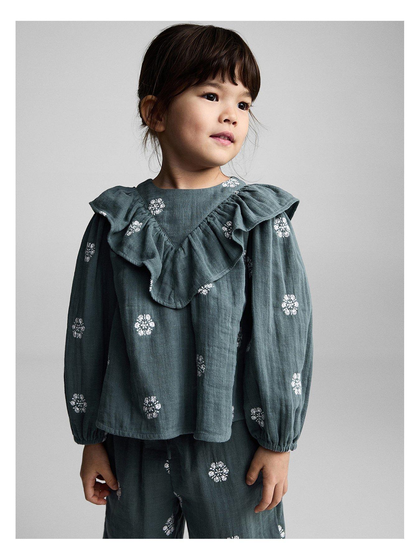 Image of Mango Younger Girls Floral Embroidered Long Sleeve Blouse - Green