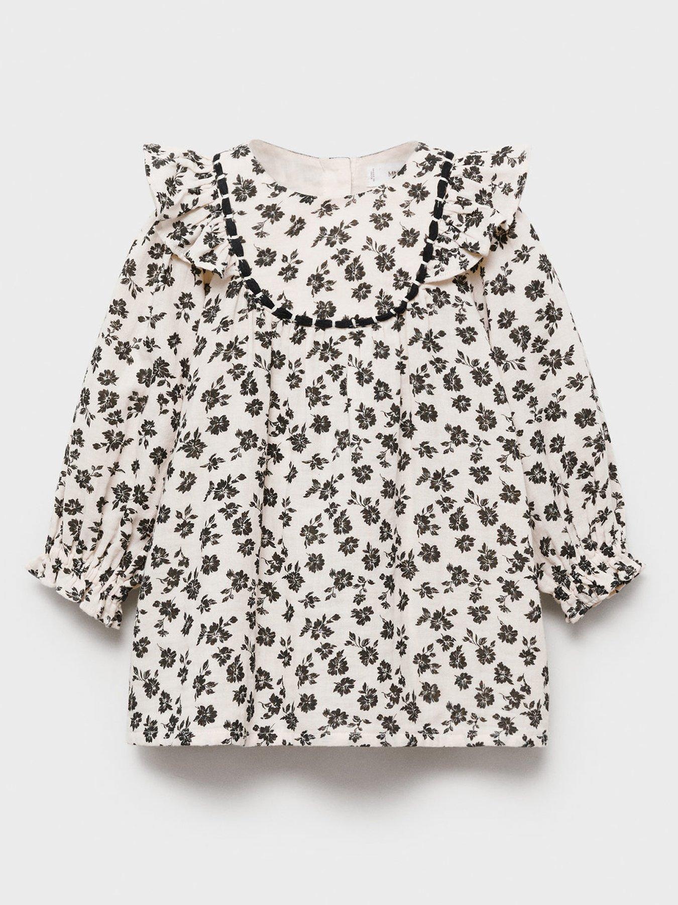 Image 1 of 2 of Mango Younger Girls Floral Long Sleeved Dress - Cream