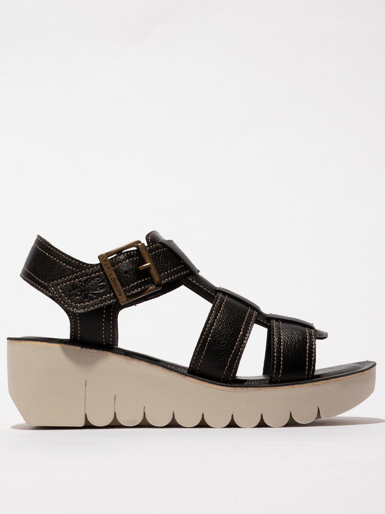 Image 1 of 4 of Fly London Yudd Leather Wedge Sandal - Black