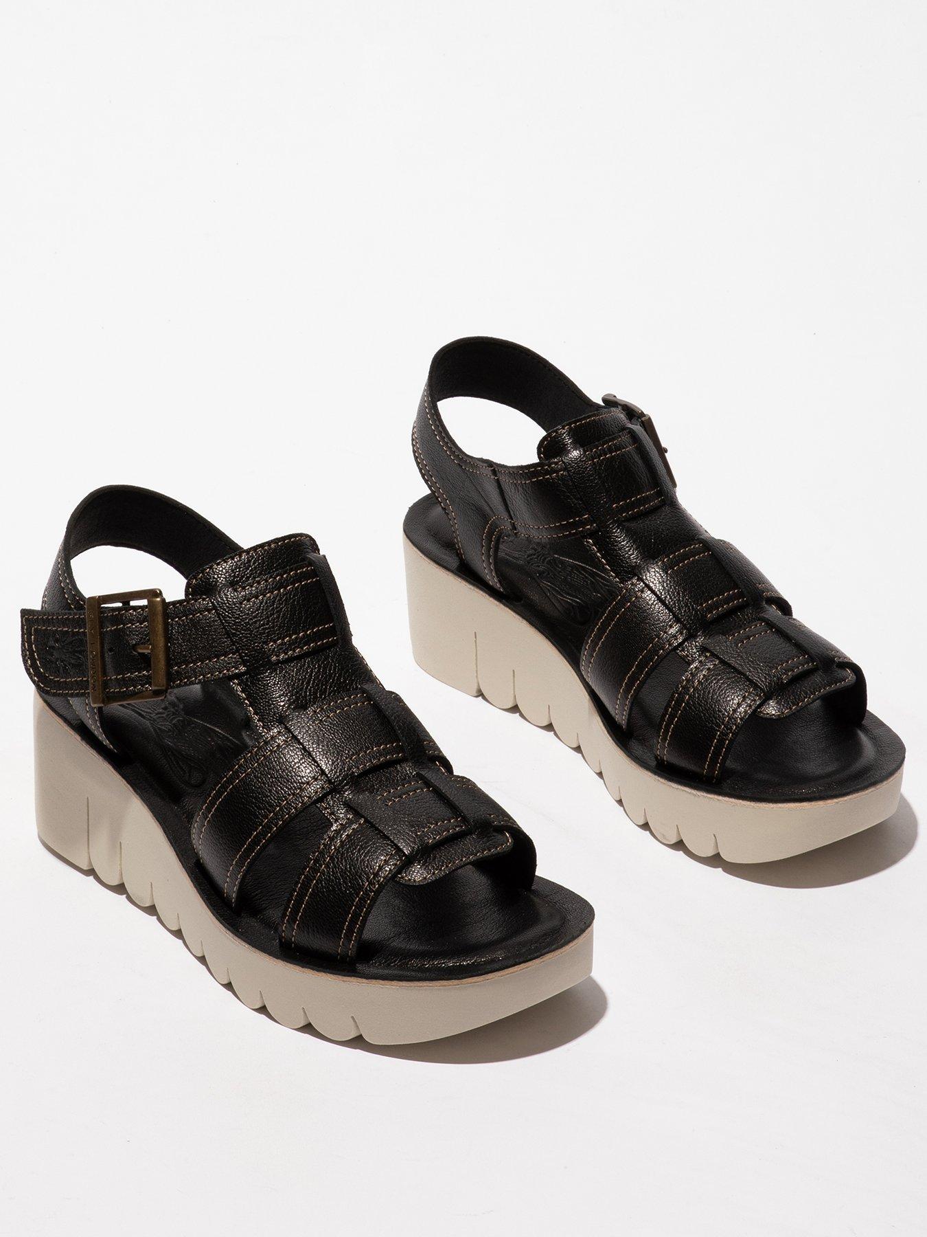 Image 2 of 4 of Fly London Yudd Leather Wedge Sandal - Black