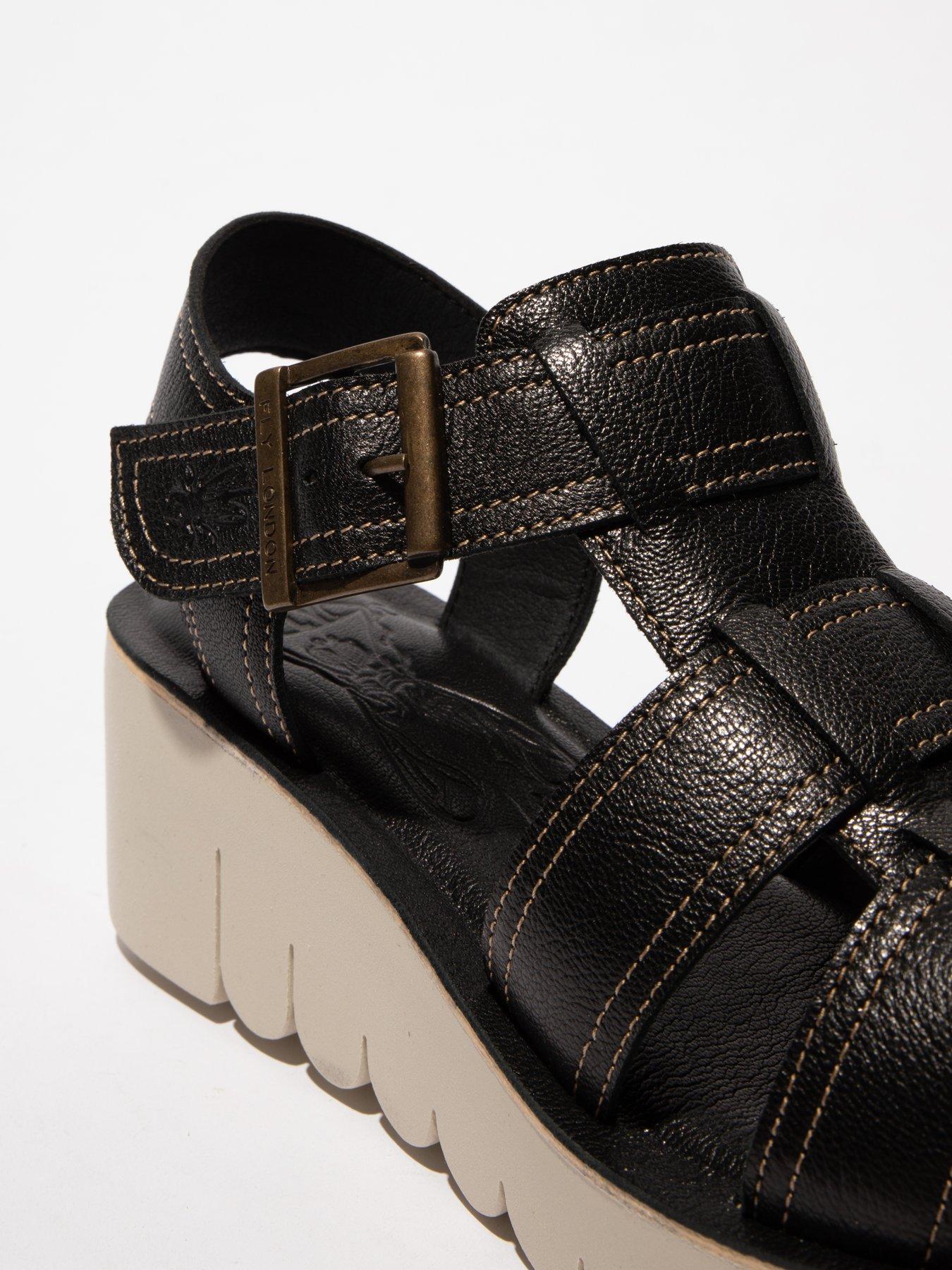 Image 4 of 4 of Fly London Yudd Leather Wedge Sandal - Black