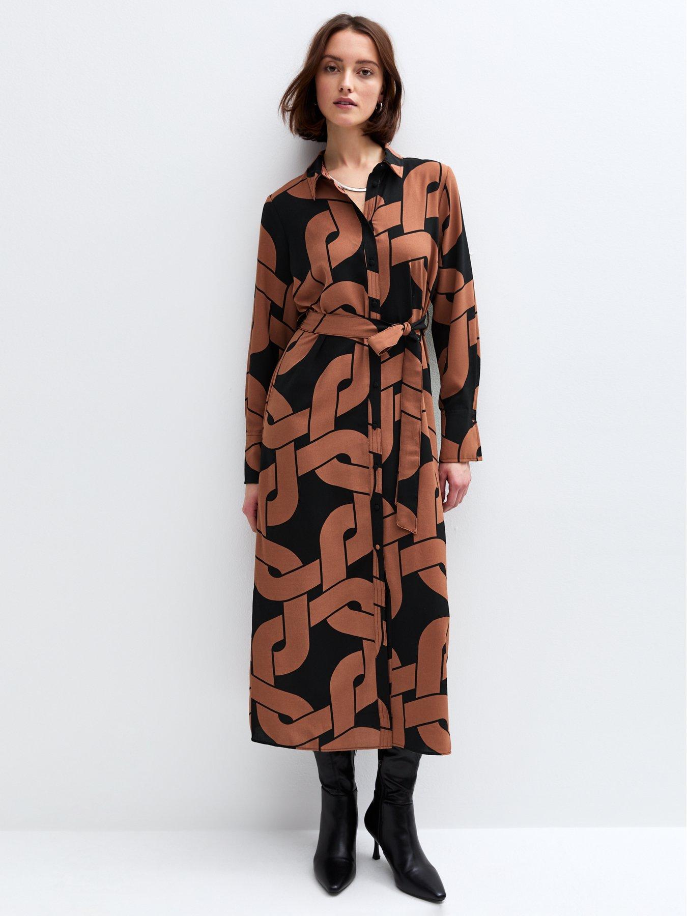 new-look-brown-chain-print-belted-midi-shirt-dress