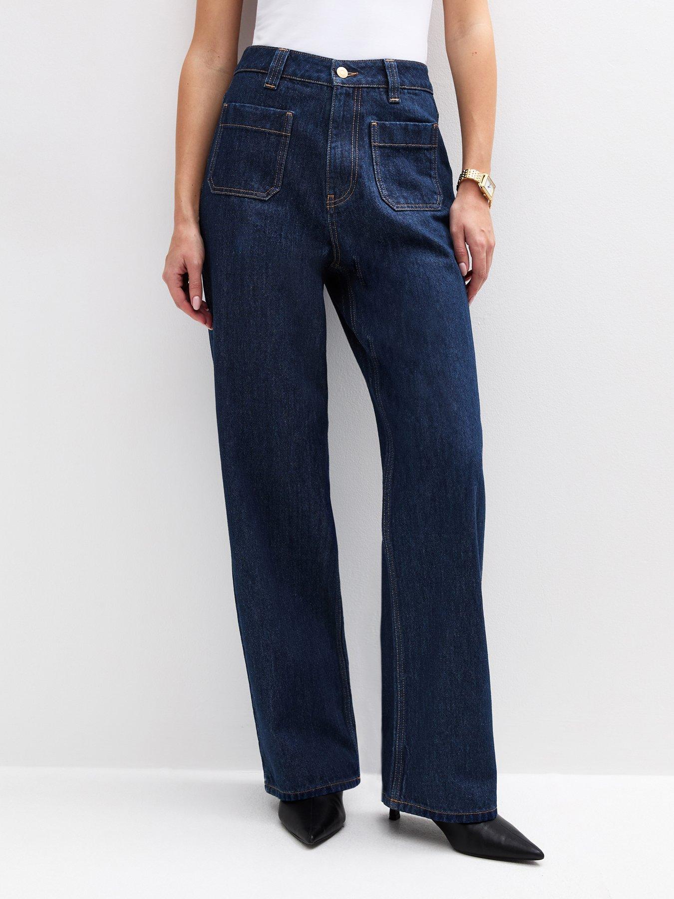Image 1 of 6 of New Look Blue Patch Pocket Wide Leg Jeans