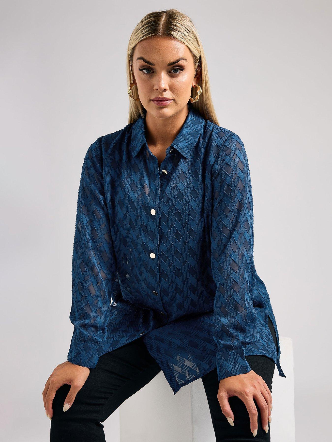 Image 1 of 4 of Yours Curve Textured Long Line Shirt - Blue