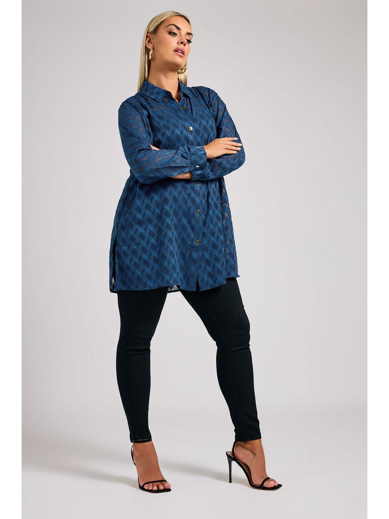 Image 3 of 4 of Yours Curve Textured Long Line Shirt - Blue