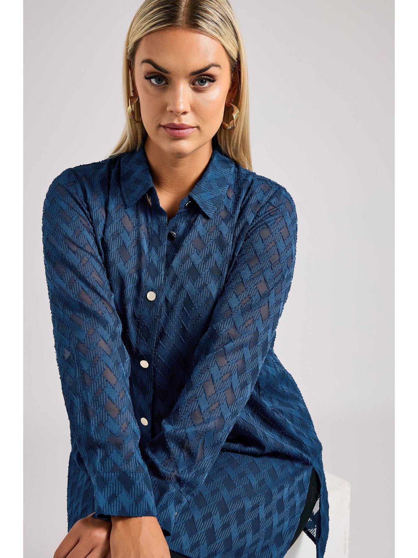 Image 4 of 4 of Yours Curve Textured Long Line Shirt - Blue