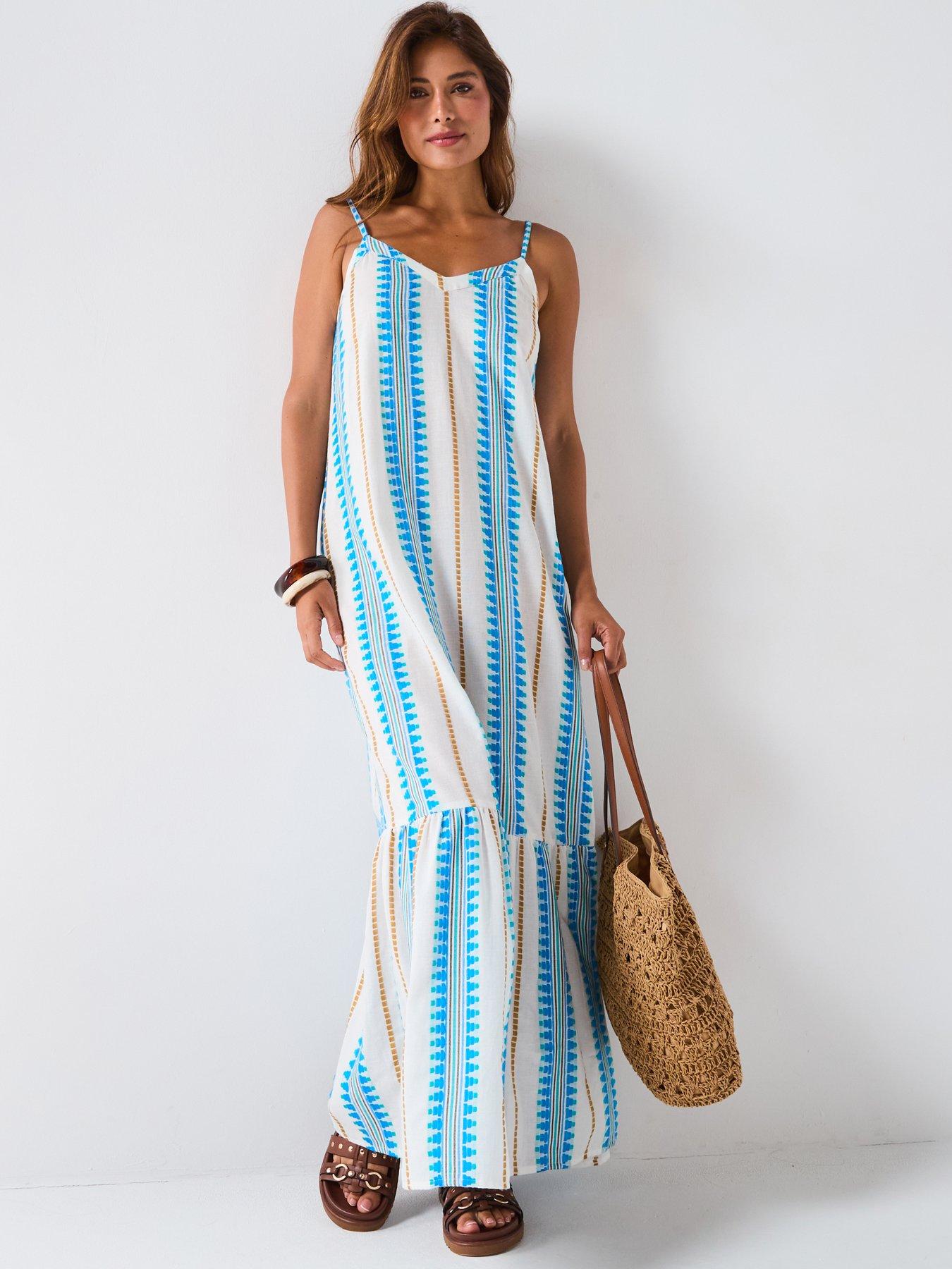 Image 1 of 6 of V by Very Aztec Maxi Beach Dress - Blue/White
