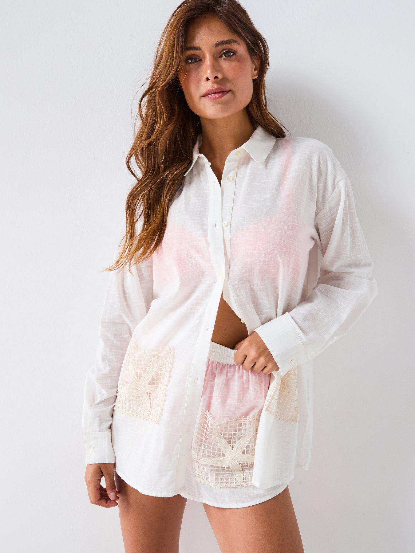 V by Very Embroidered Co Ord Beach Shirt - Cream