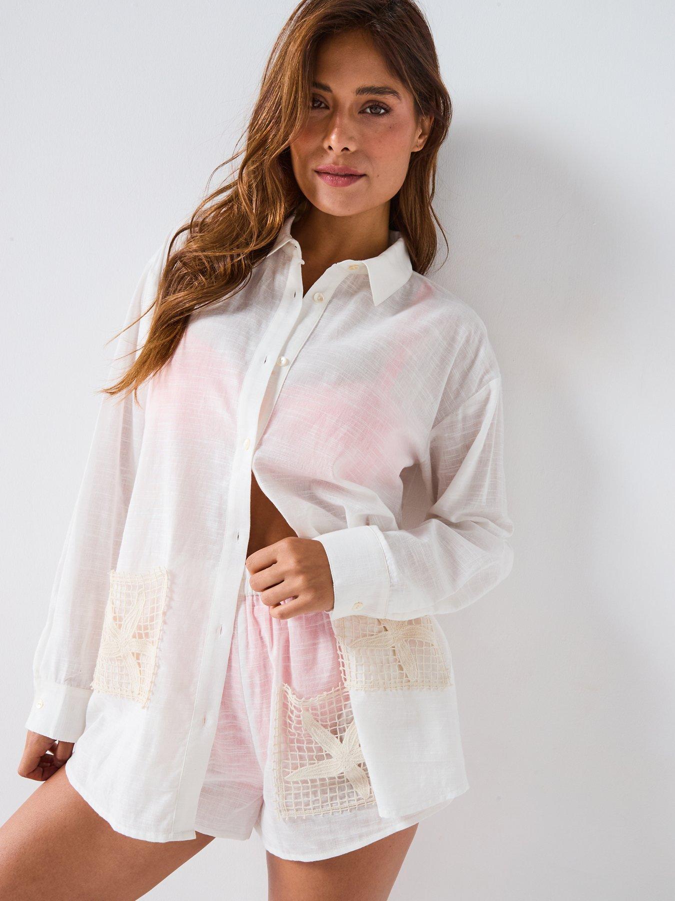 Image 4 of 6 of V by Very Embroidered Co Ord Beach Shirt - Cream
