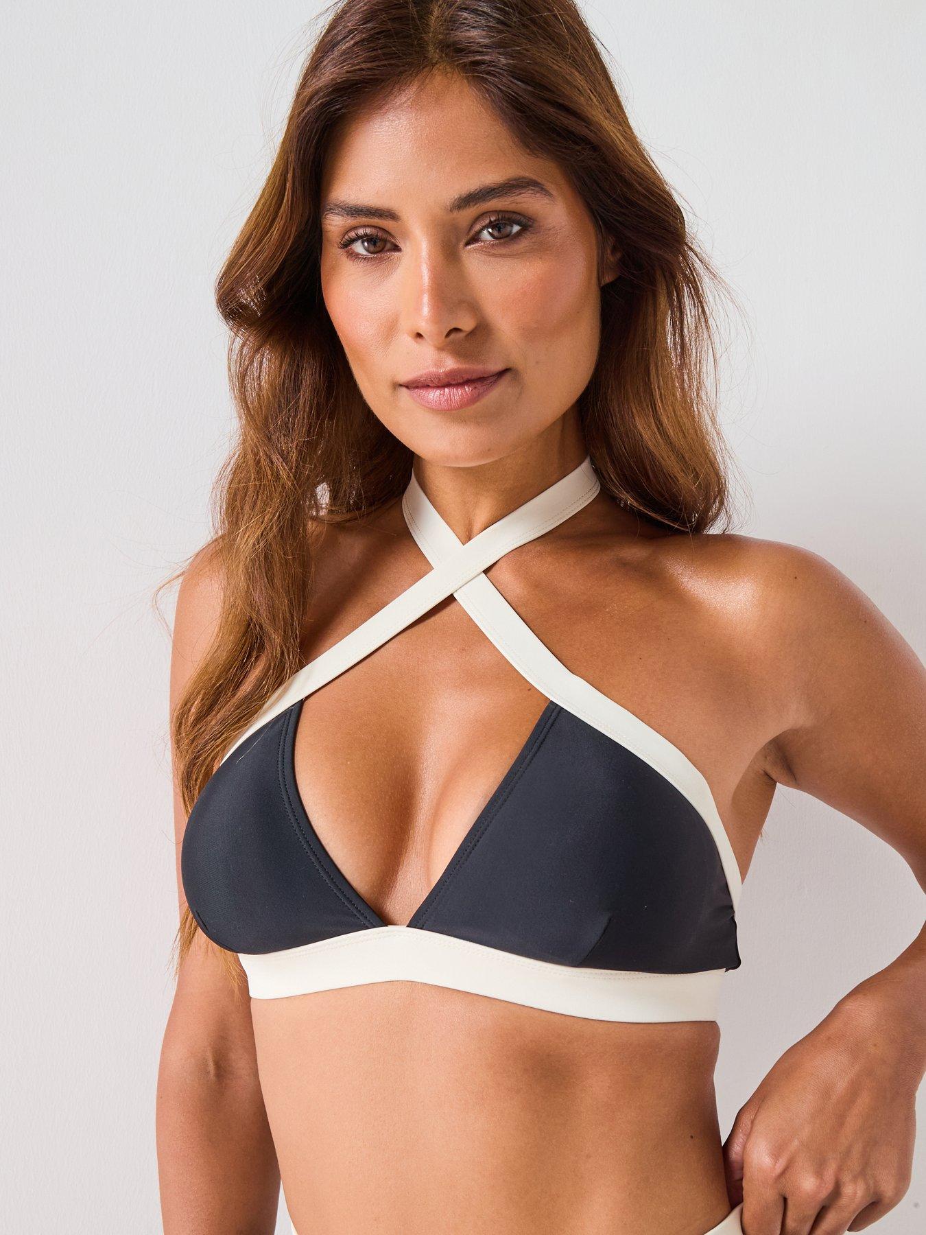 V by Very Mono Contrast Halter Bikini Top - Black