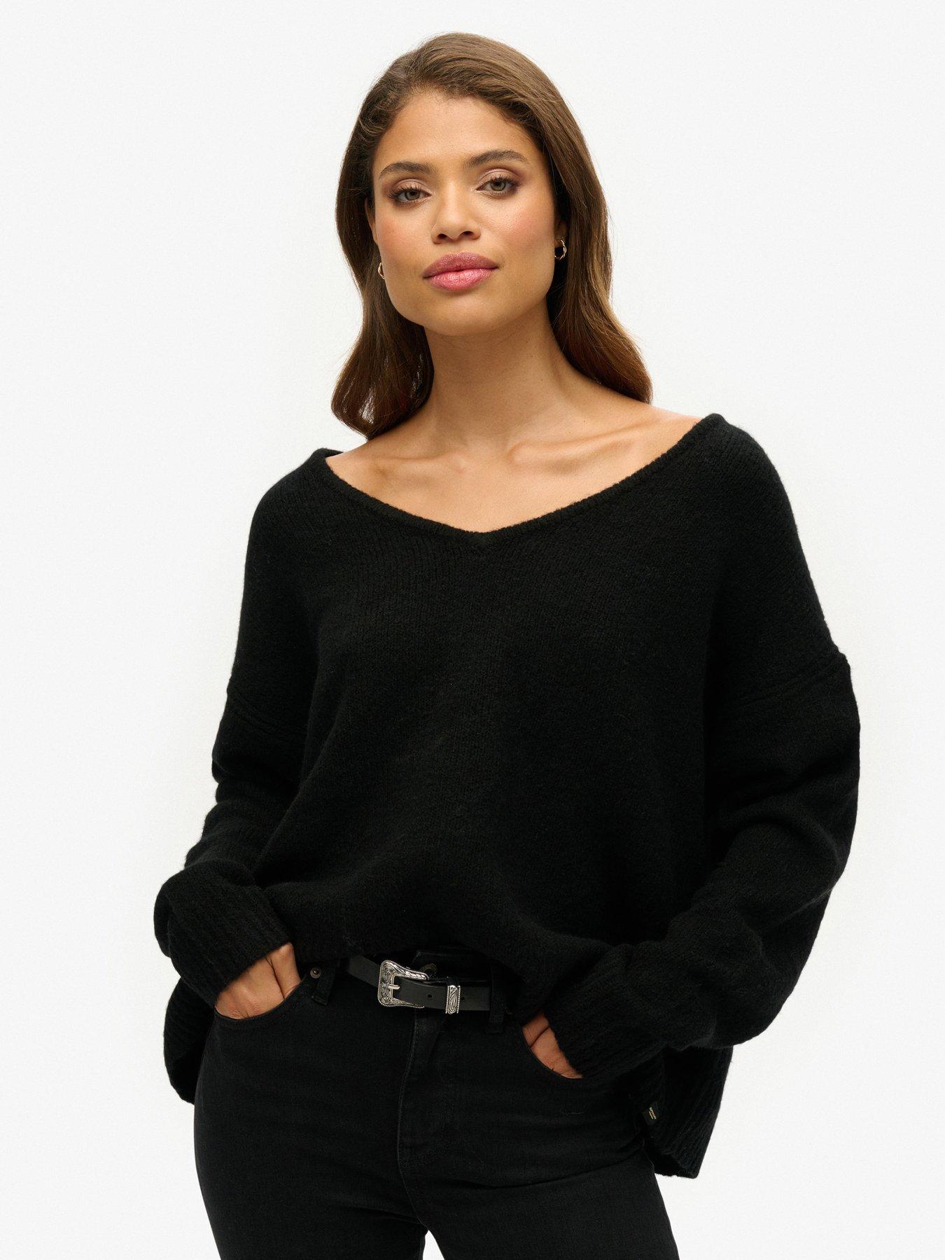 Image of Superdry Oversized V Neck Jumper - Black