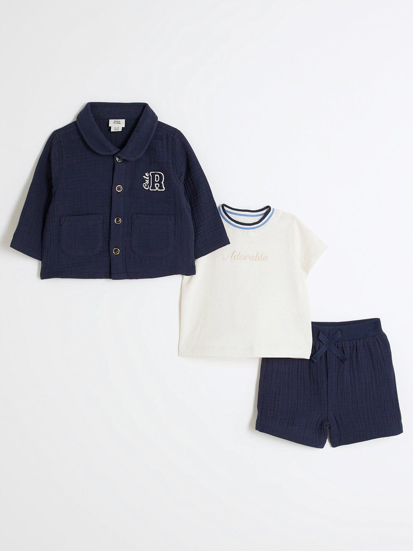 Image 1 of 5 of River Island Baby Baby Boys Ri Short Shacket Set Of 3 - Navy