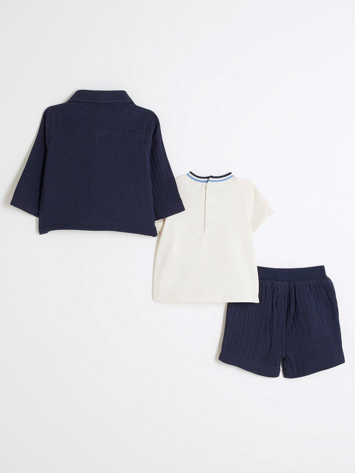 Image 2 of 5 of River Island Baby Baby Boys Ri Short Shacket Set Of 3 - Navy