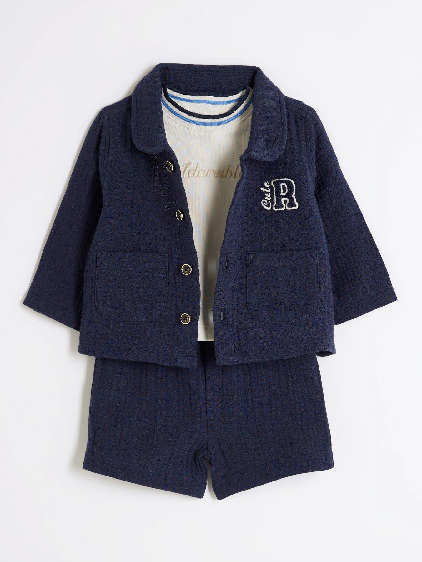 Image 3 of 5 of River Island Baby Baby Boys Ri Short Shacket Set Of 3 - Navy
