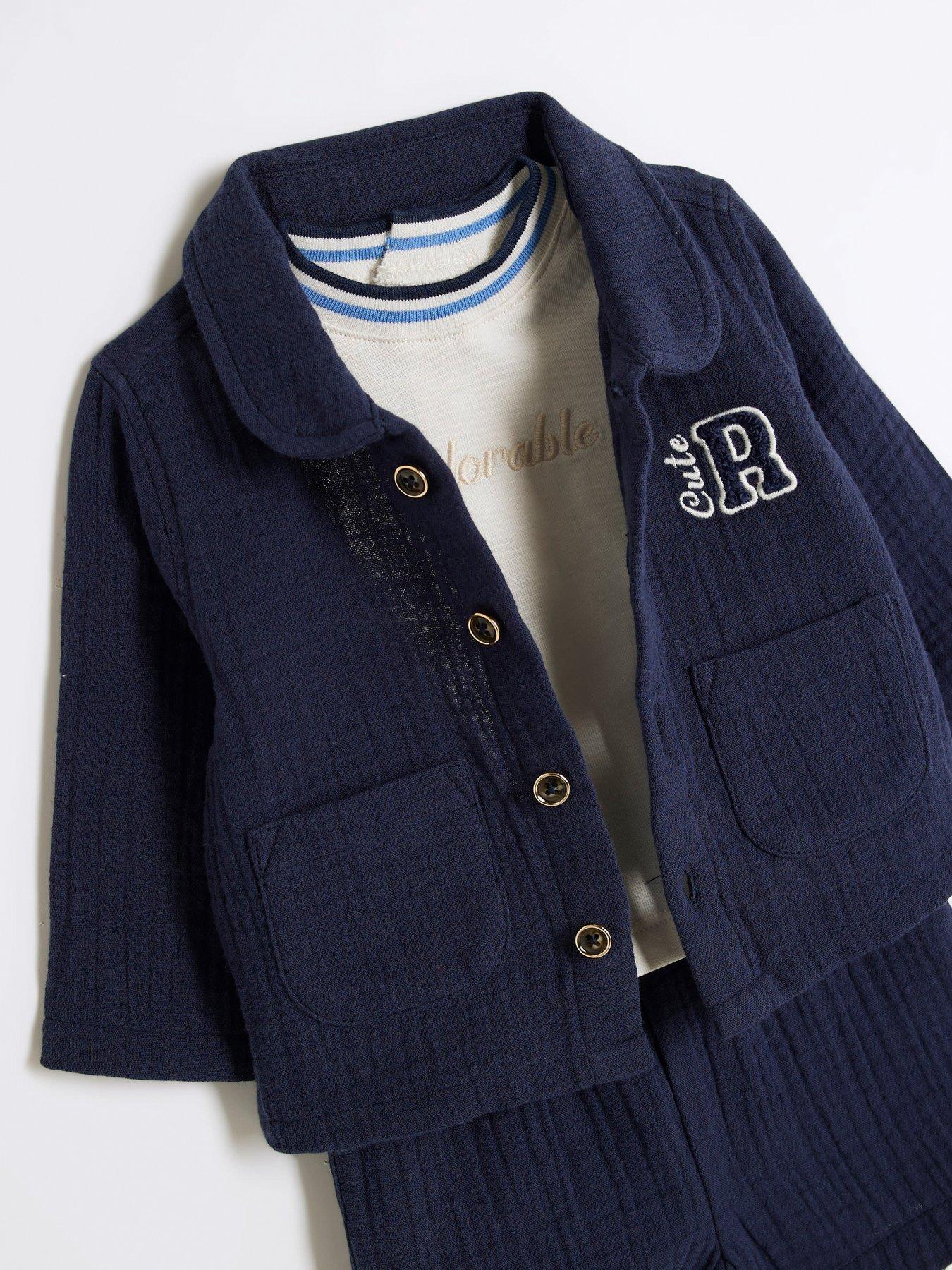 Image 4 of 5 of River Island Baby Baby Boys Ri Short Shacket Set Of 3 - Navy