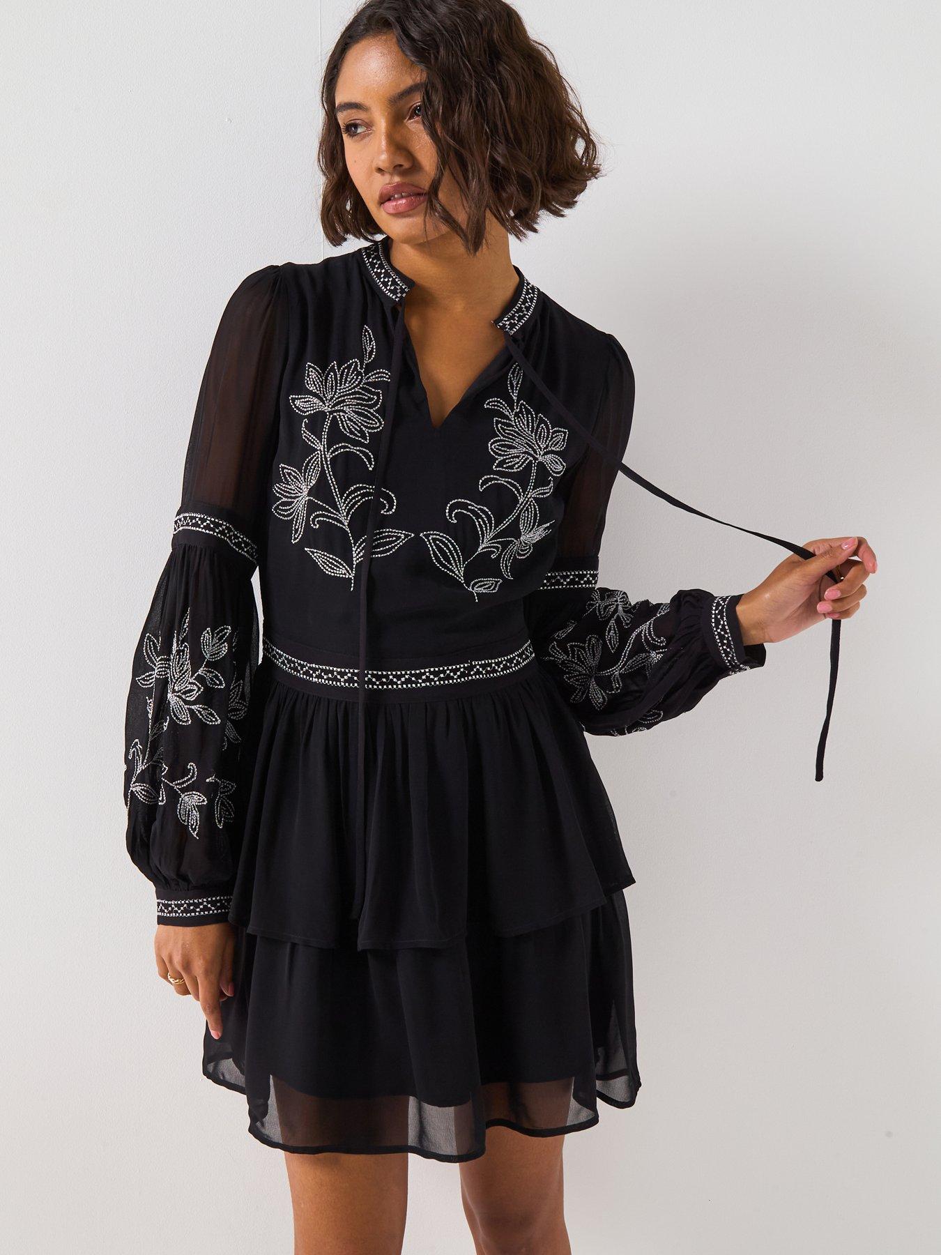 Image 1 of 6 of V by Very Embroidered Tie Neck Mini Dress - Black