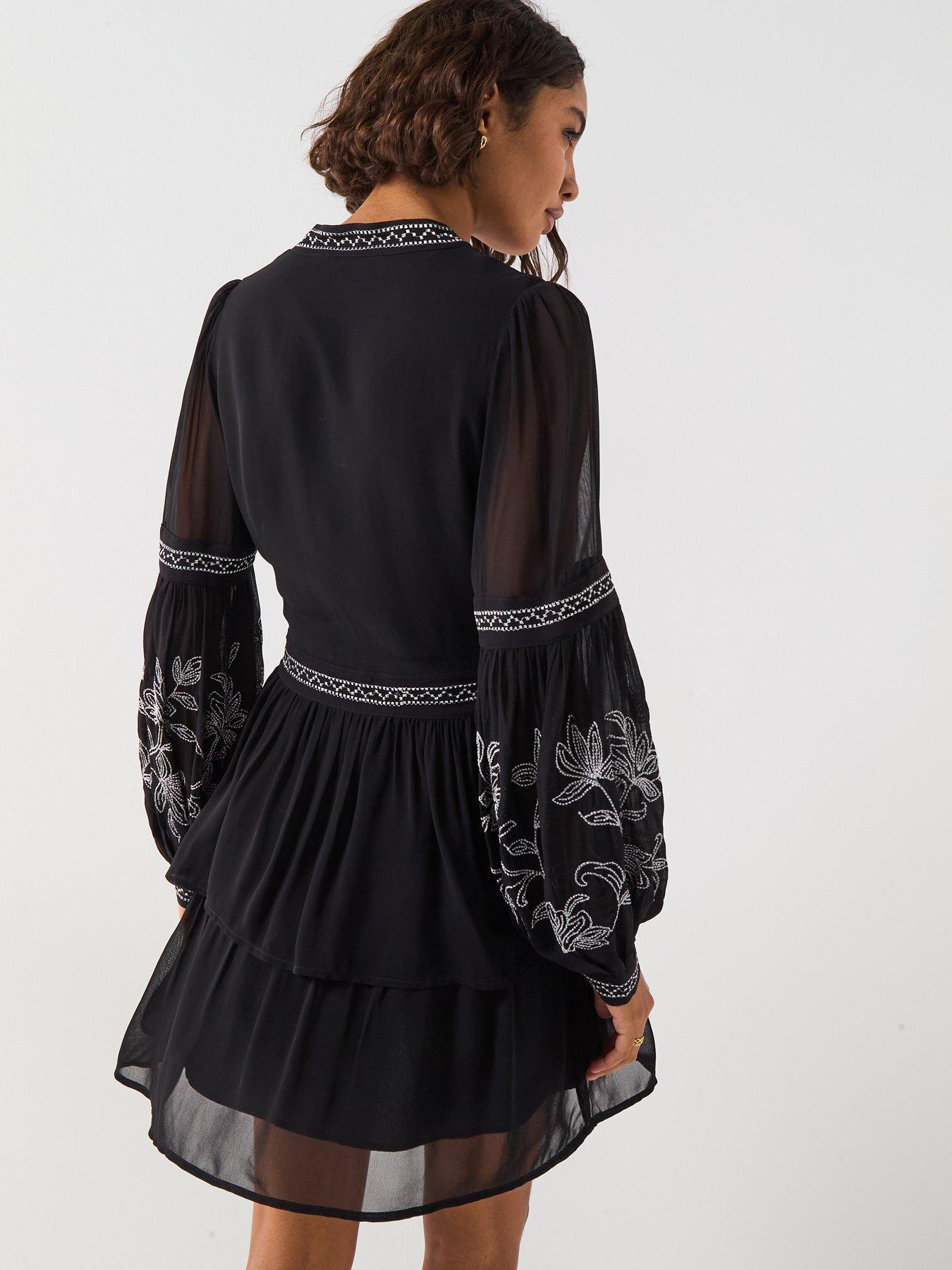 Image 2 of 6 of V by Very Embroidered Tie Neck Mini Dress - Black