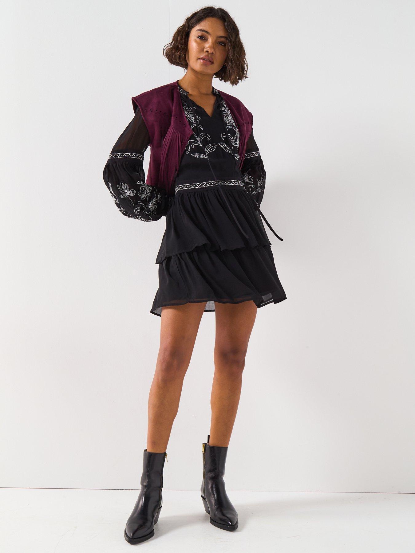 Image 3 of 6 of V by Very Embroidered Tie Neck Mini Dress - Black