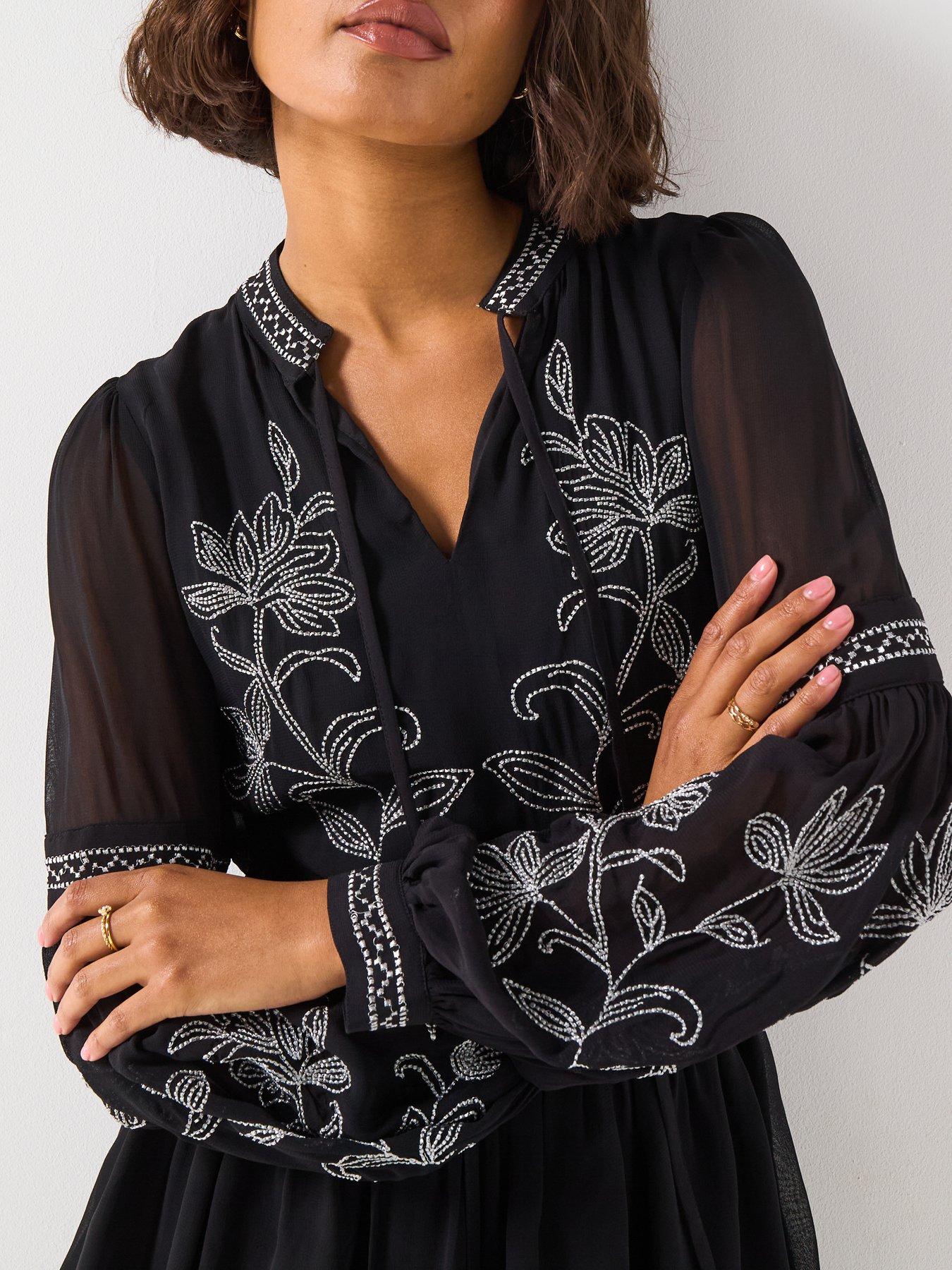 Image 4 of 6 of V by Very Embroidered Tie Neck Mini Dress - Black