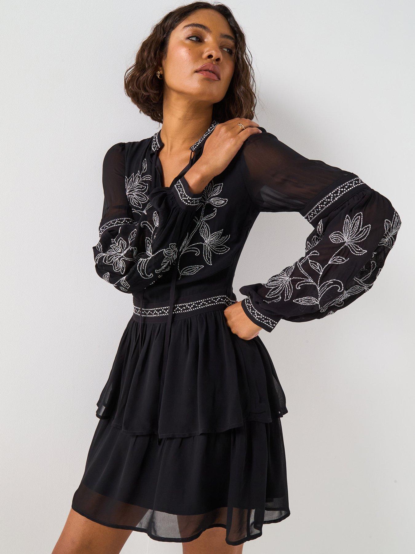 Image 5 of 6 of V by Very Embroidered Tie Neck Mini Dress - Black
