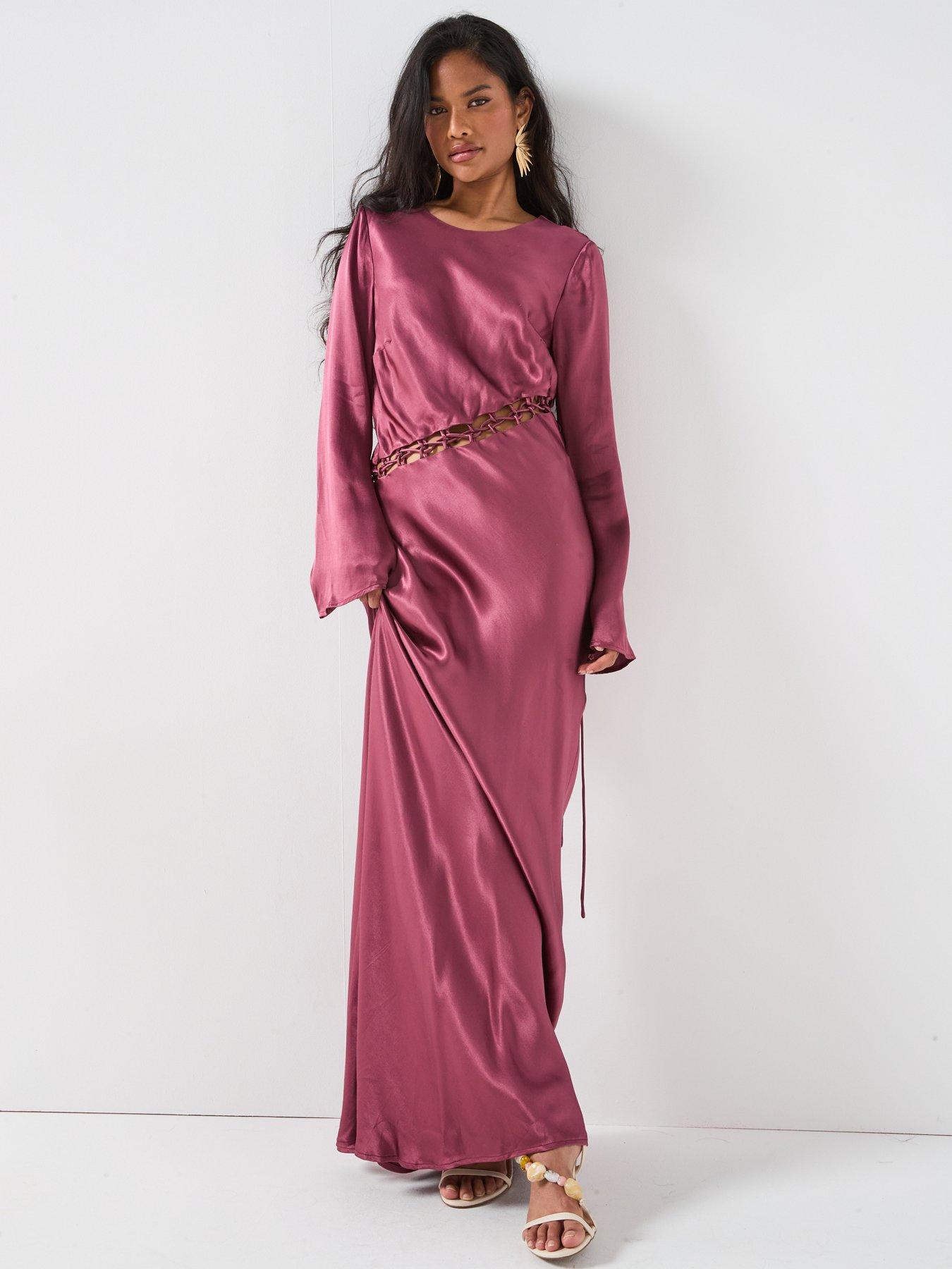 V by Very Lattice Detail Satin Maxi Dress - Berry