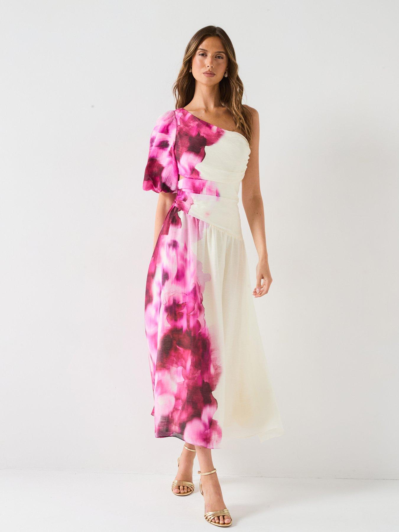 V by Very One Shoulder Cut Out Printed Midi Dress - Print