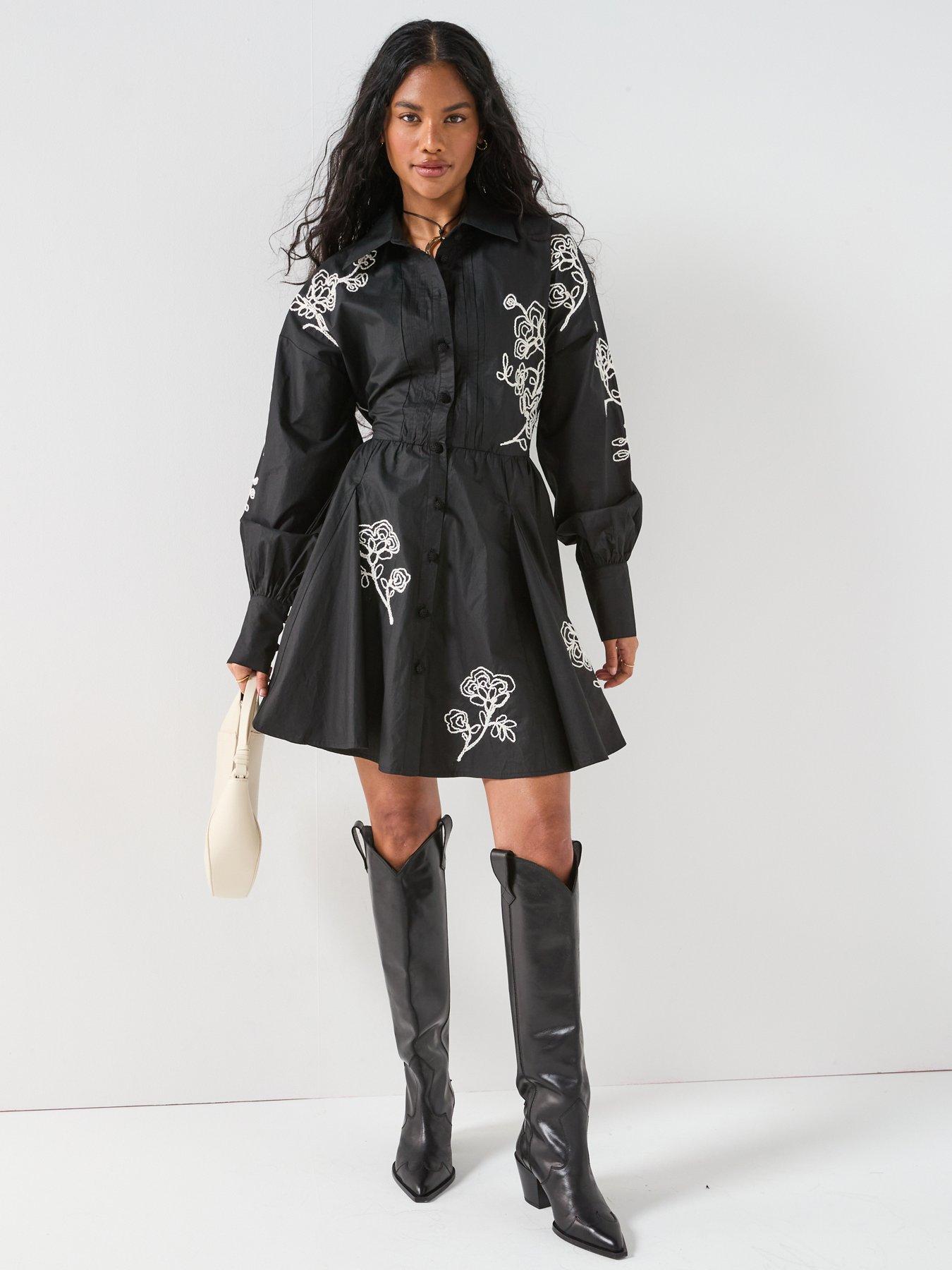Image 1 of 6 of V by Very Contrast Embroidered Mini Shirt Dress - Black