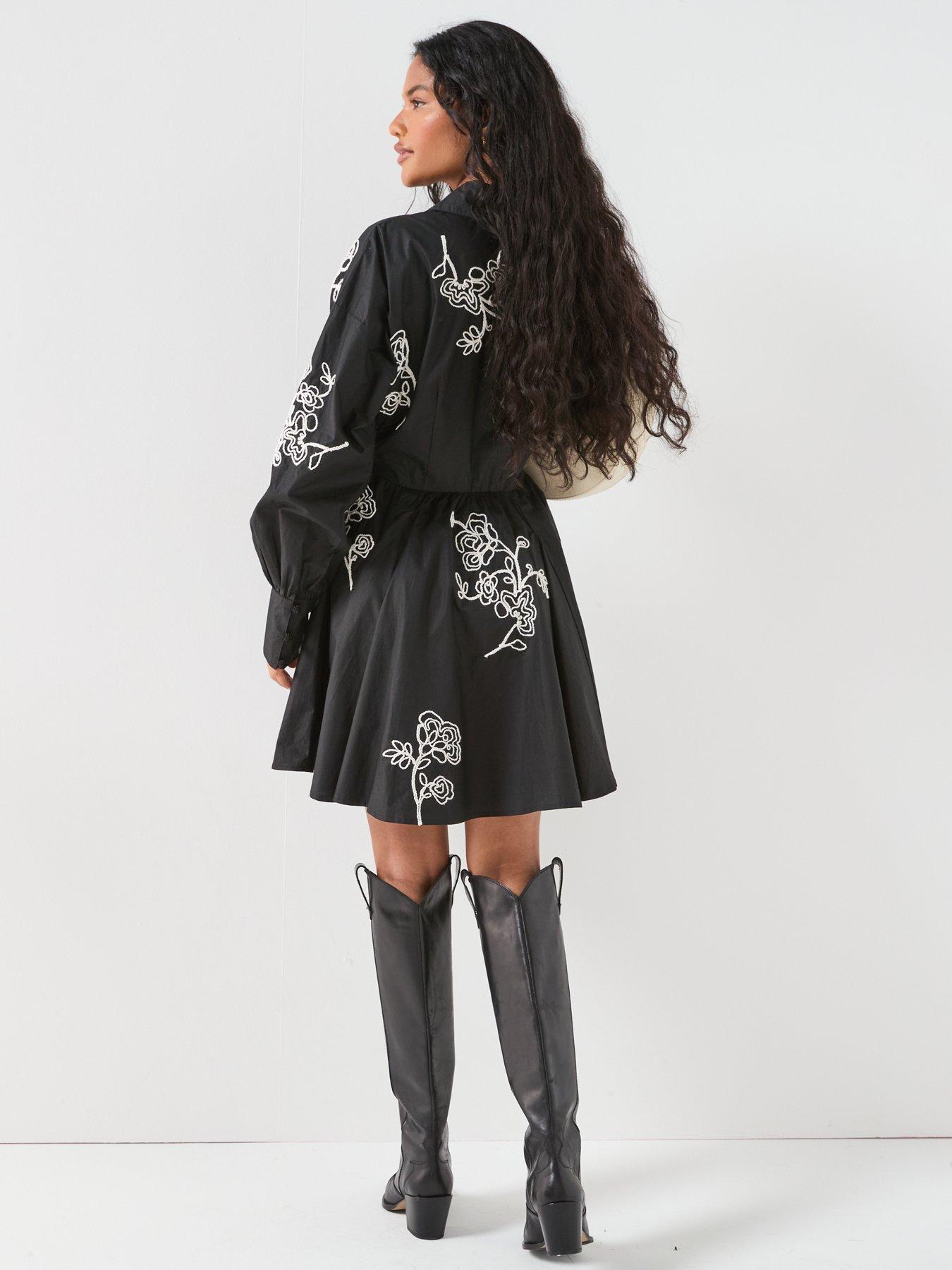 Image 2 of 6 of V by Very Contrast Embroidered Mini Shirt Dress - Black
