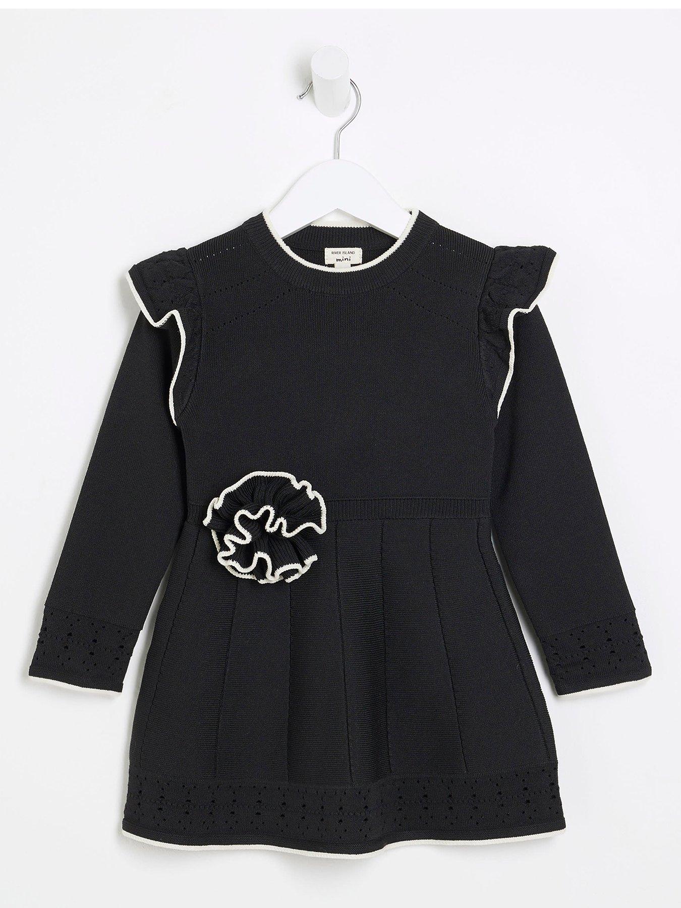 Image 1 of 4 of River Island Mini Mini Girls Rose Knit Dress - Black