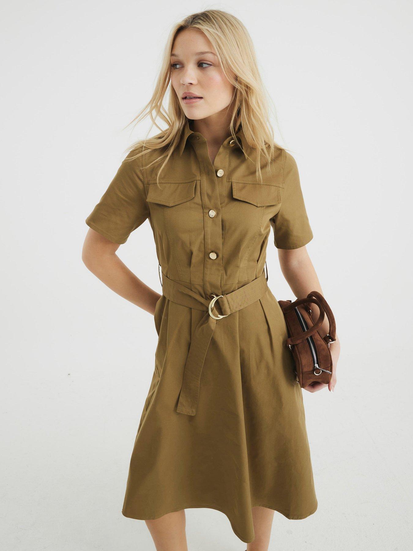 Image 1 of 4 of River Island Utility Belted Dress - Beige