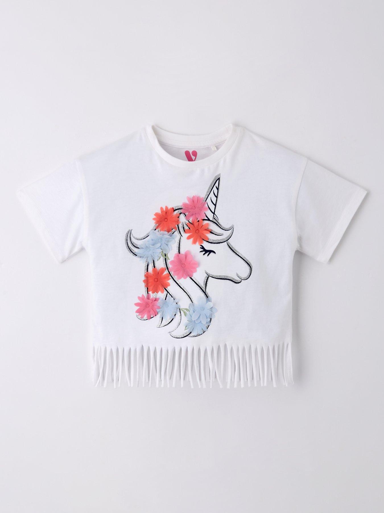 Image 1 of 4 of Mini V by Very Girls Unicorn 3D Embellished Fringed T-Shirt - Multi