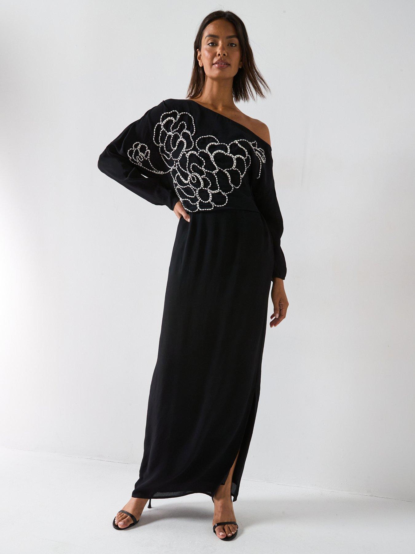 Image 1 of 6 of V by Very One Shoulder Drape Midi Dress - Black