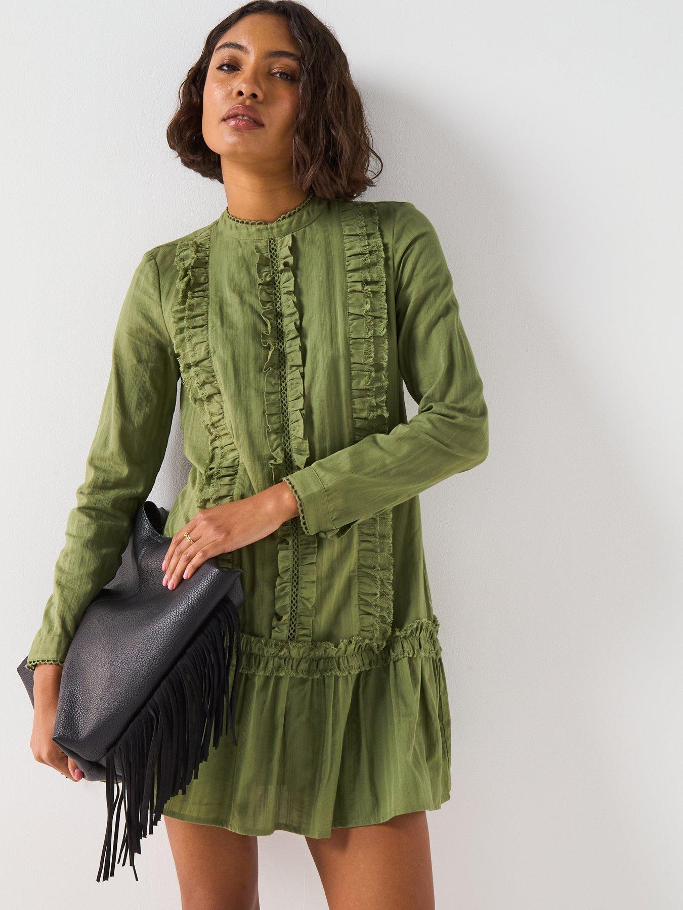 V by Very Ruffle Dropped Hem Mini Dress - Green