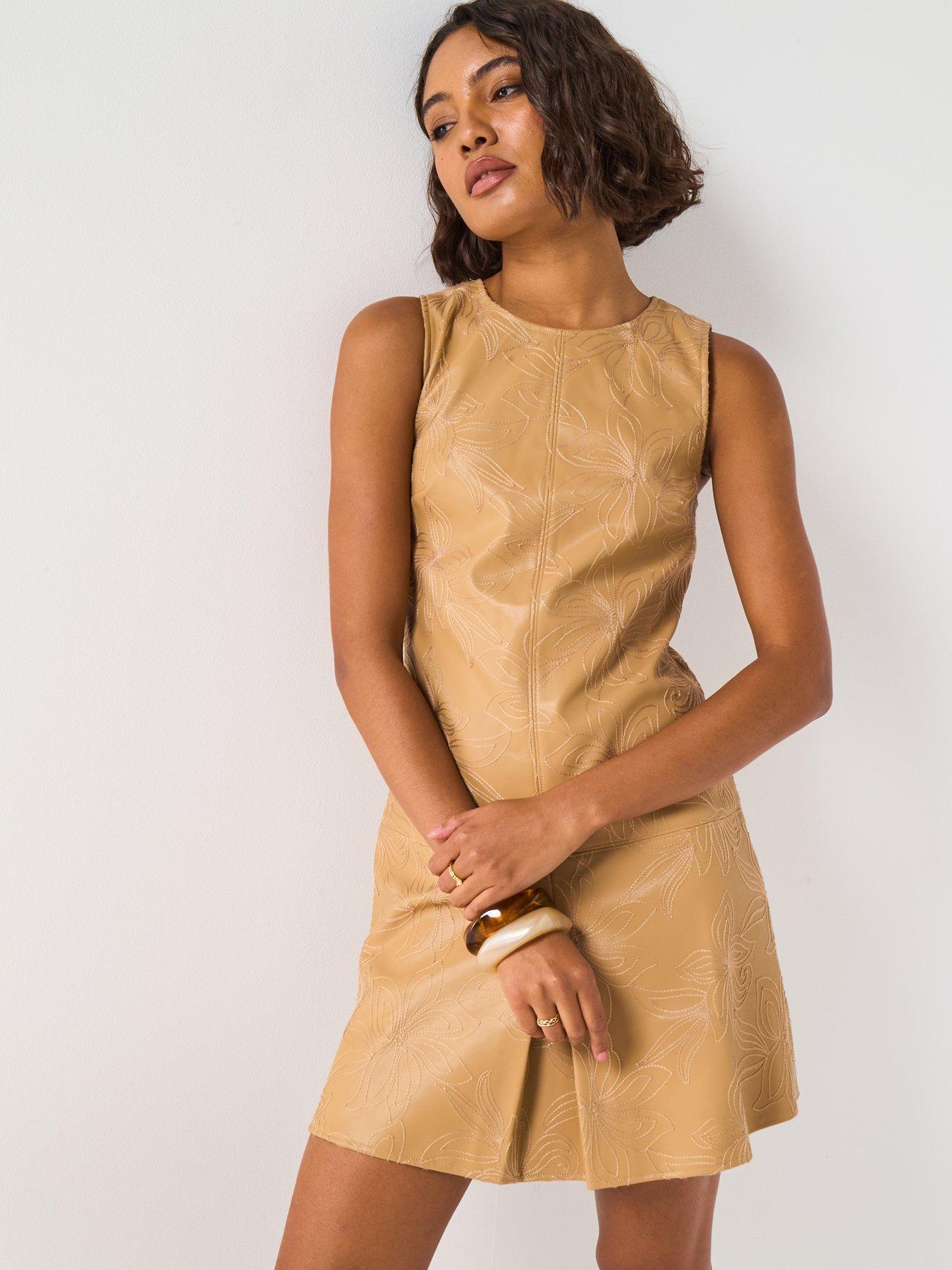 V by Very PU Embroidered Shift Dress - Beige