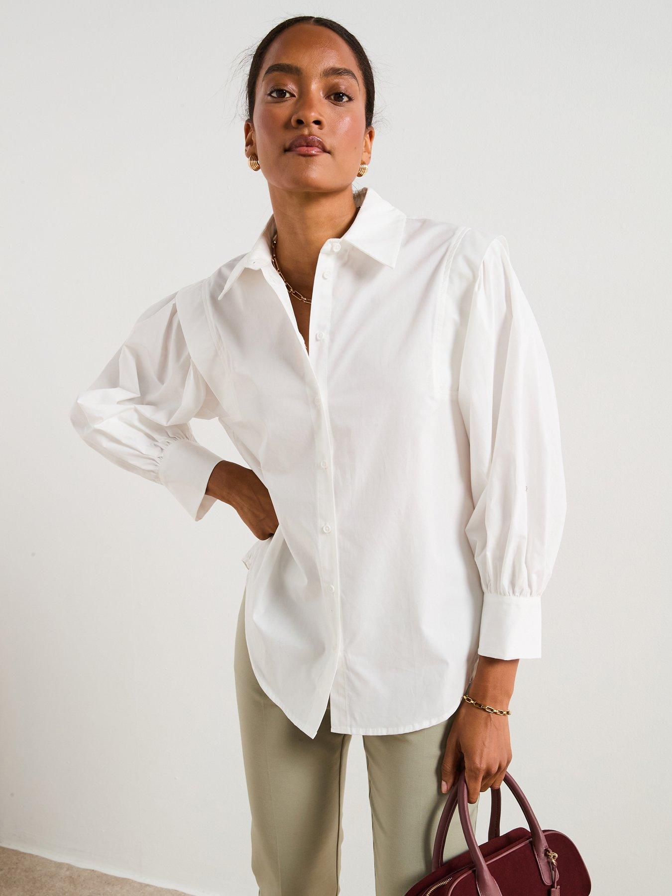 V by Very Balloon Sleeve Cotton Button Through Shirt - White
