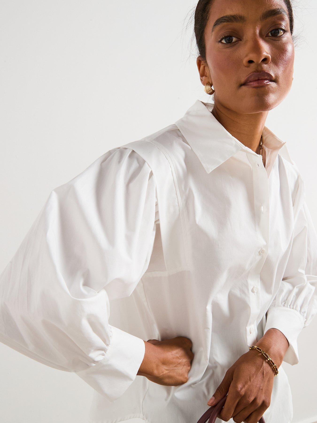 V by Very Balloon Sleeve Cotton Button Through Shirt - White