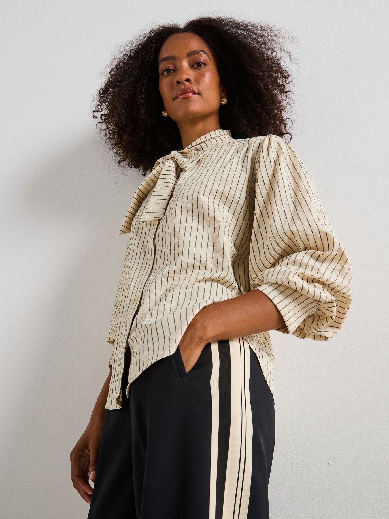 v-by-very-stripe-tie-balloon-sleeve-blouse-cream