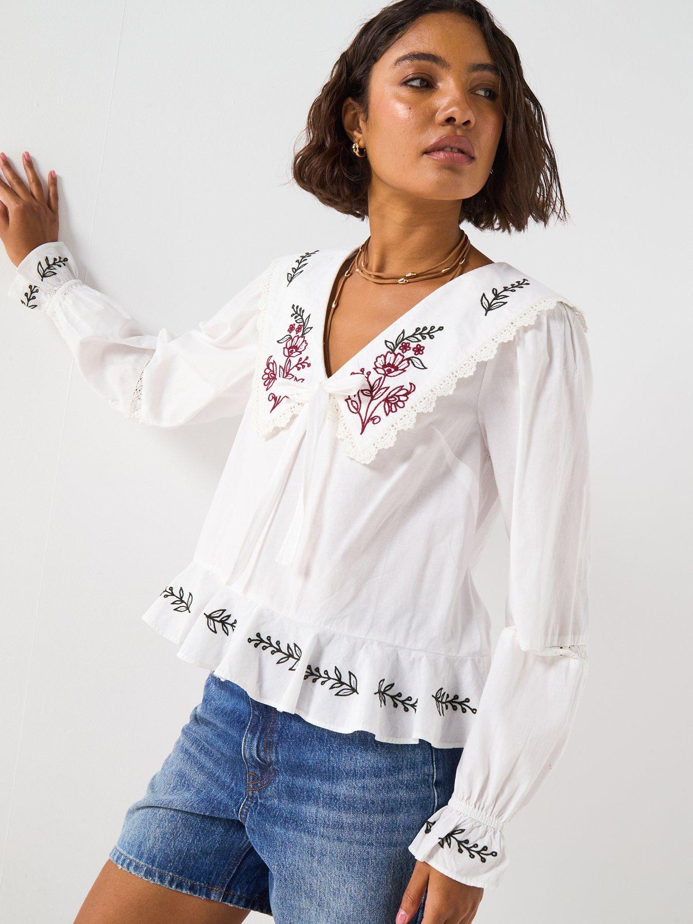 Image 1 of 6 of V by Very V Collar Tie Front Blouse - White
