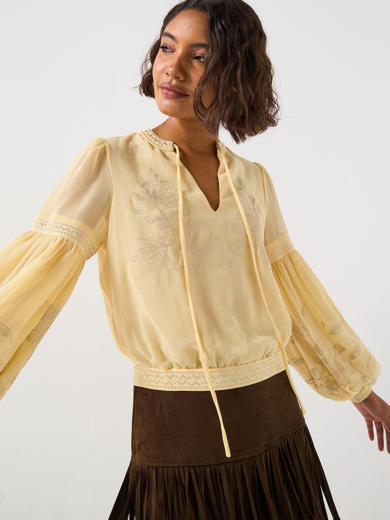 V by Very Embroidered Tie Neck Blouse - Yellow