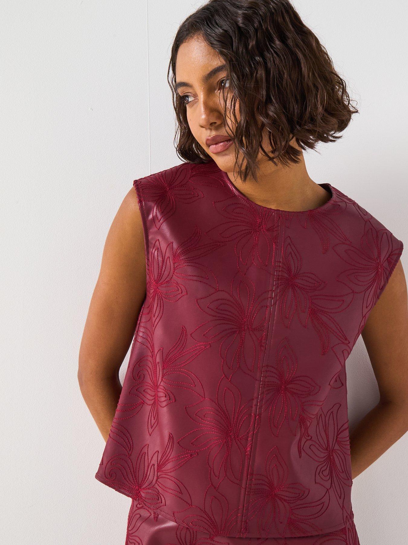 V by Very Embroidered PU Blouse - Burgundy