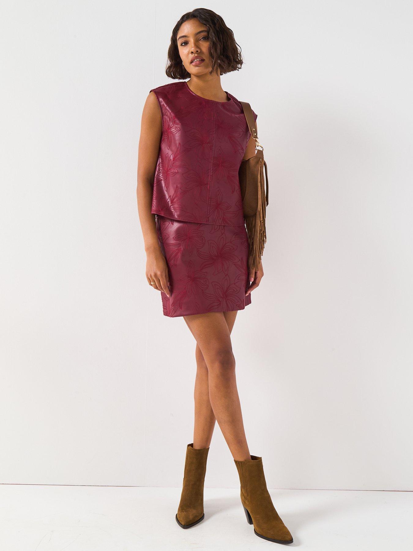 Image 3 of 6 of V by Very Embroidered Pu Mini Skirt - Burgundy