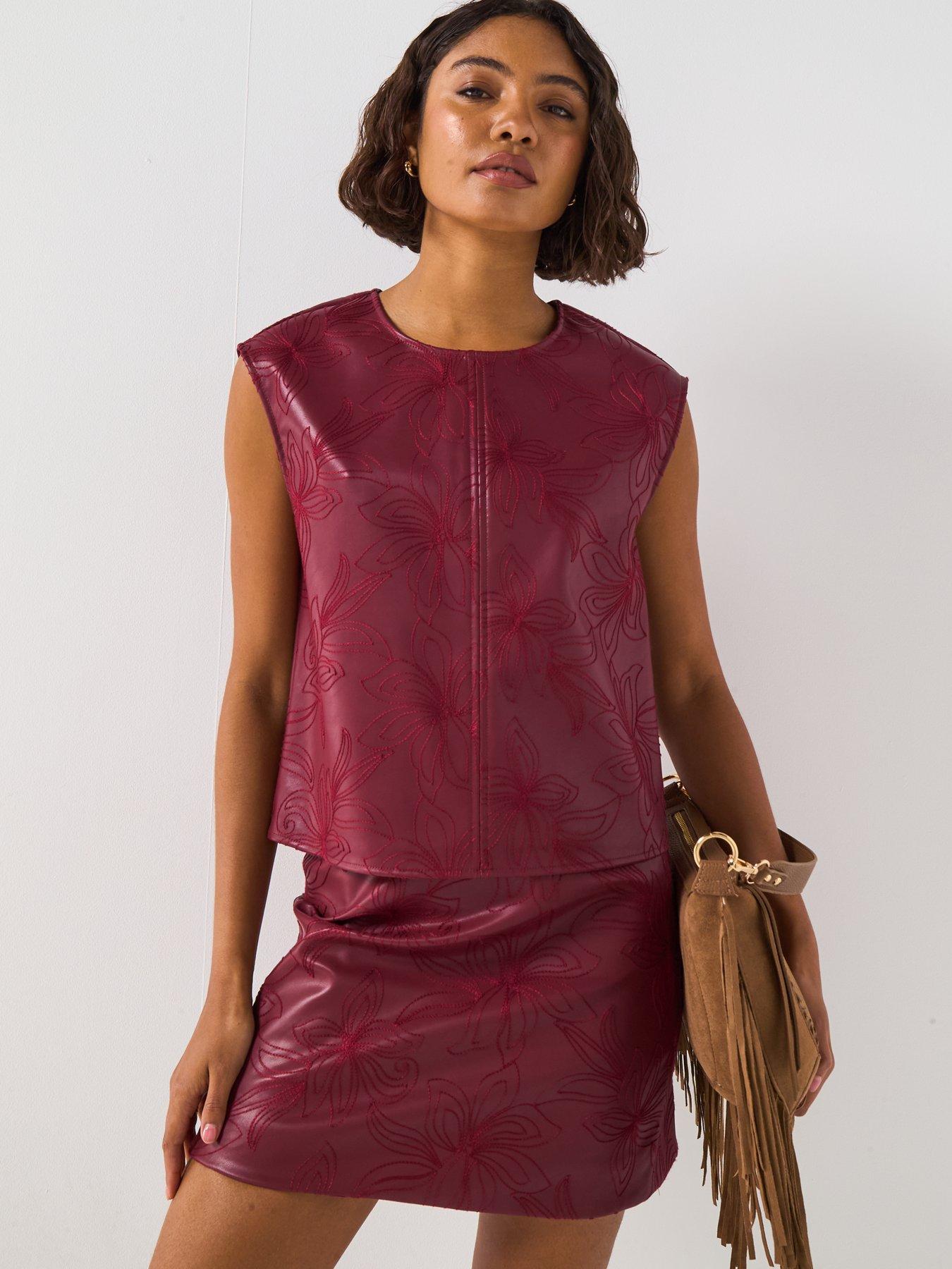 Image 6 of 6 of V by Very Embroidered Pu Mini Skirt - Burgundy